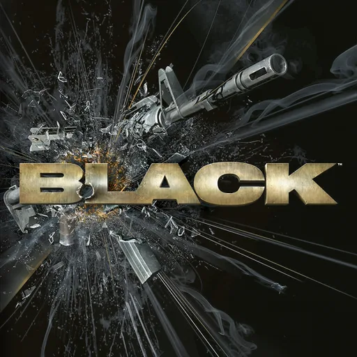 Black game icon: steel BLACK lettering with an orange muzzle flash star on a black square