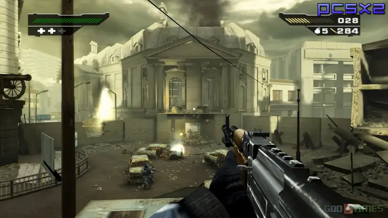 Pistol firing in a burning street in BLACK gameplay footage