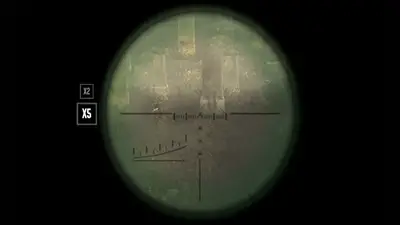Looking through a sniper scope in BLACK, the circular scope view centred on a distant ruined building