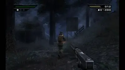 First-person view following a soldier up a forest path at dusk in BLACK, shotgun lowered, mission markers on screen